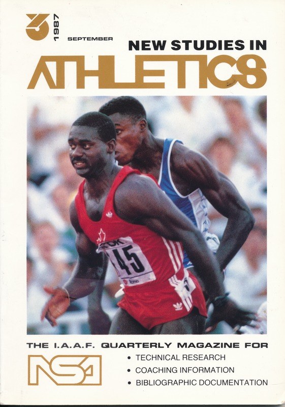 Titelbild eines Buches namens "New Studies in Athletics September 1987" mit einem Bild von zwei Personen.