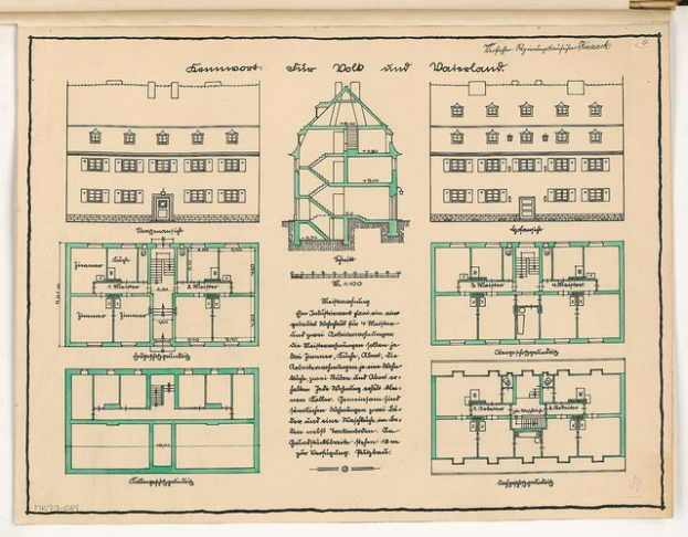 Altes Buch mit einem detaillierten 17. Jahrhundert-Hausplan-Zeichnung und begleitendem Text auf vergilbten Papier.