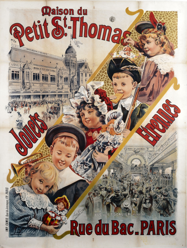 Französisches Reiseplakat für die Pariser Oper mit Kindern, die vor dem großen Opernhaus Musikinstrumente spielen, mit Text, der das Ereignis beschreibt.