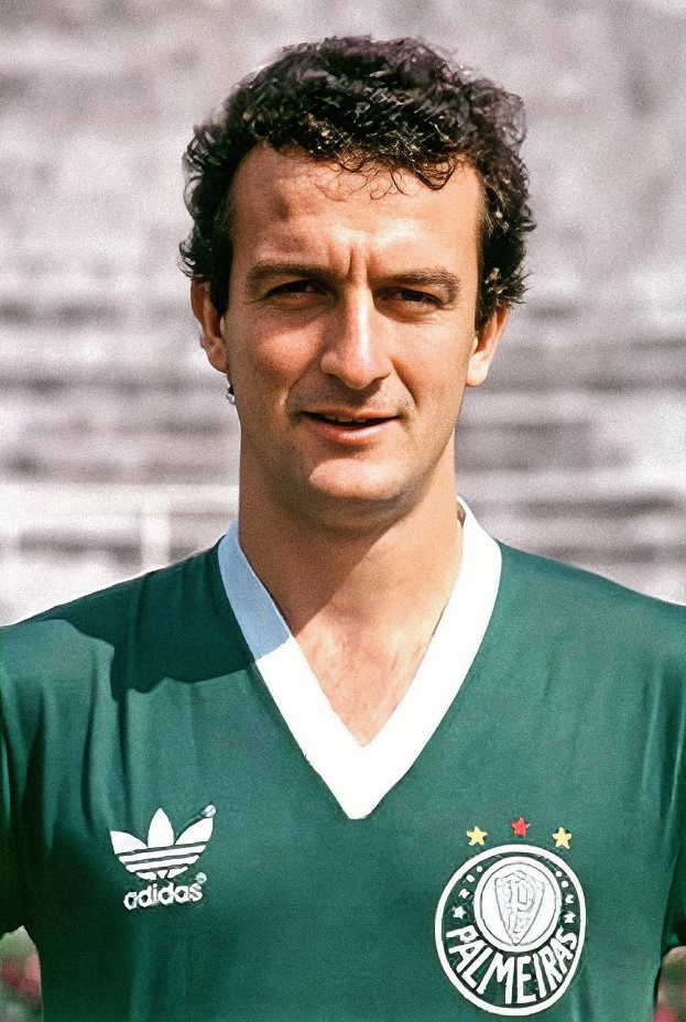 Ein Mann in einem grünen T-Shirt mit 'Palmeiras' und 'Diego Maradona' Text vor einem unscharfen Stadionhintergrund.