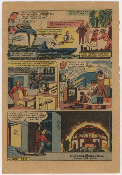 Comic-Seite mit einem Mann in einem blauen Anzug mit weißem Hemd und roter Krawatte und einer Frau in einem weißen Kleid mit blauer Schürze und Schürze, vor einem hellblauen Himmel mit weißen Wolken.