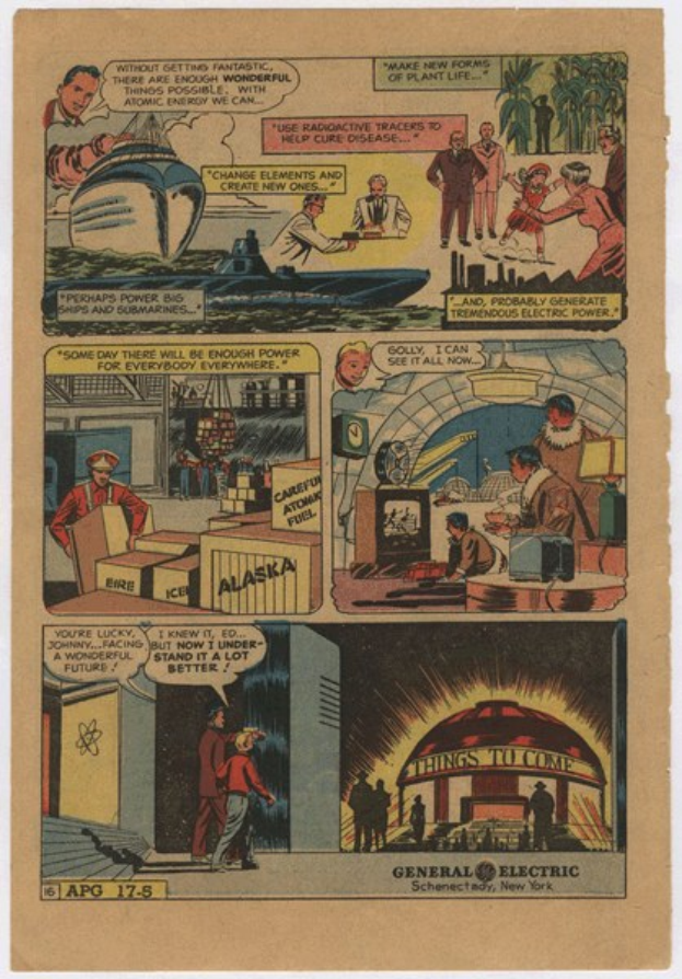 Comic-Seite mit einem Mann in einem blauen Anzug mit weißem Hemd und roter Krawatte und einer Frau in einem weißen Kleid mit blauer Schürze und Schürze, vor einem hellblauen Himmel mit weißen Wolken.