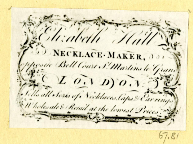 Alte Visitenkarte mit einem Schmuckmacherbild und Text, der seine Dienstleistungen beschreibt.