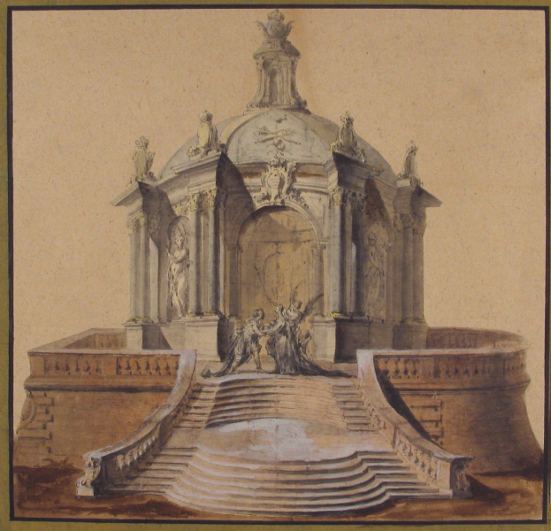 Eine Zeichnung eines Brunnens mit einer Statue darauf, umgeben von Stufen und zusätzlichen Skulpturen.