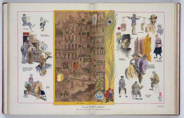 Offenes Buch mit Illustrationen von Menschen und Gebäuden auf einer weißen Oberfläche, enthaltend Bilder und Text über die dargestellten Personen.