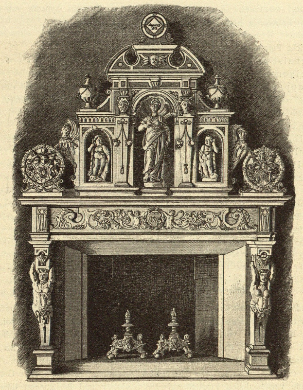 Gravur eines Kamins mit einer Statue darauf, verziert mit Skulpturen und Text unten.