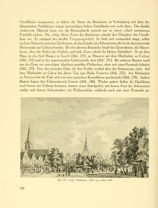 Ein aufgeschlagenes Buch mit einer detaillierten Zeichnung einer Stadtlandschaft mit Gebäuden, Bäumen und Menschen sowie begleitendem Text.