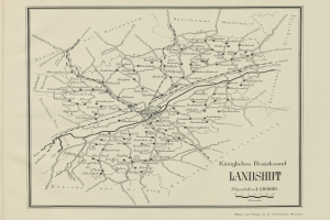Schwarze und weiße Karte von Landshut, Deutschland, zeigt Straßen und Autobahnen mit detaillierten Beschriftungen.