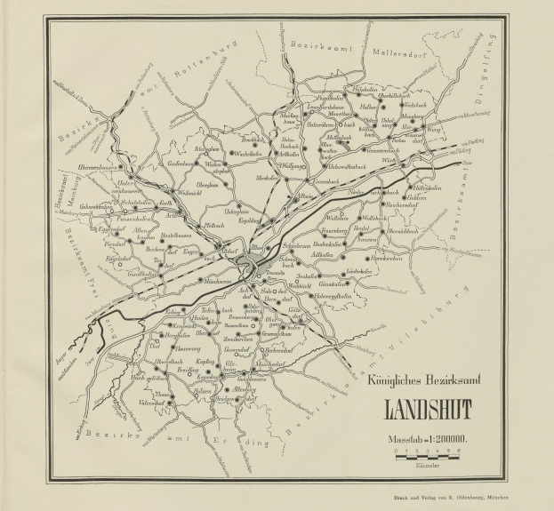 Schwarze und weiße Karte von Landshut, Deutschland, zeigt Straßen und Autobahnen mit detaillierten Beschriftungen.