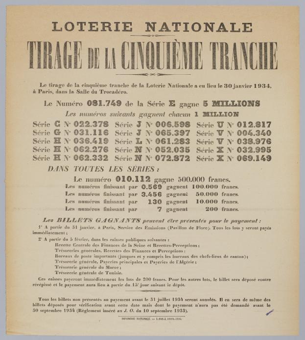 Lotterielos für die "Loterie Nationale" fünfte Ziehung mit gedruckten Zahlen, die einen Geldpreis angeben.