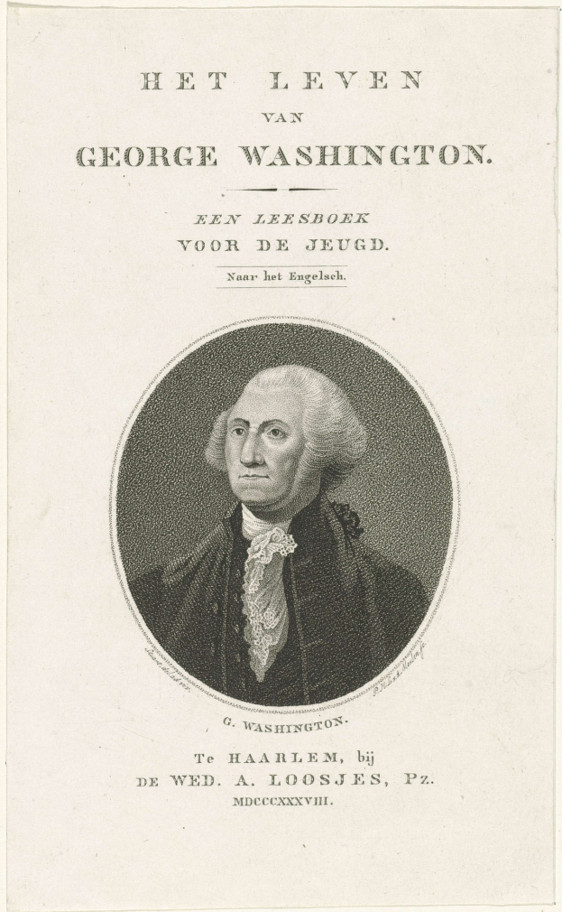 Porträt von George Washington auf Papier mit Text, der nach vorne schaut und einen ernsten Ausdruck hat, bekleidet mit Anzug und Krawatte.