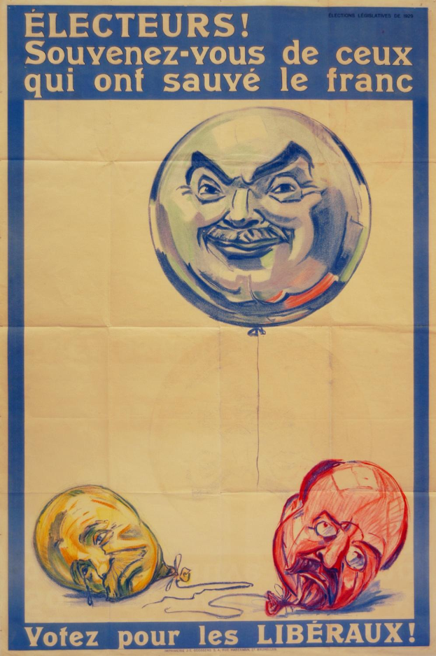 Ein französischer Wahlplakat aus den 1920er Jahren, das das Gesicht eines Mannes mit einem Ballon zeigt, mit Text, der die Wähler dazu auffordert, sich an diejenigen zu erinnern, die Frankreich gerettet haben, und auf die Bedeutung des Wählens für die Freiheit hinweist.