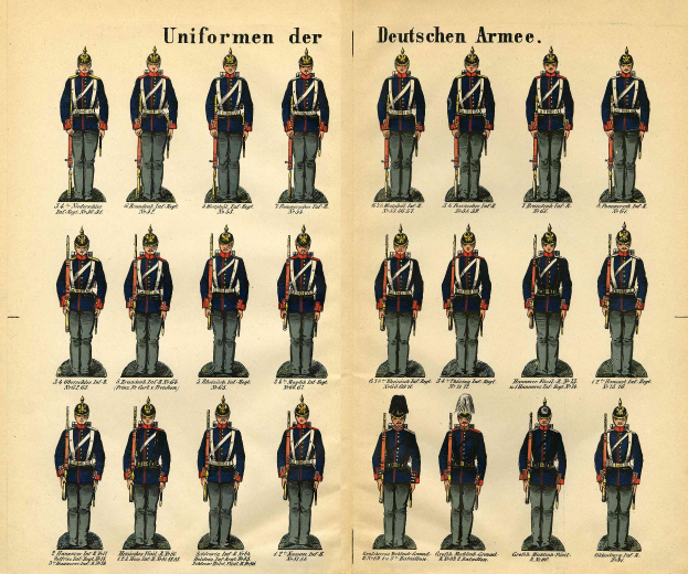 Ein Buch mit einem Raster verschiedener deutscher Armee-Uniformen mit unterschiedlichen Designs und Farbschemata, begleitet von beschreibendem Text.
