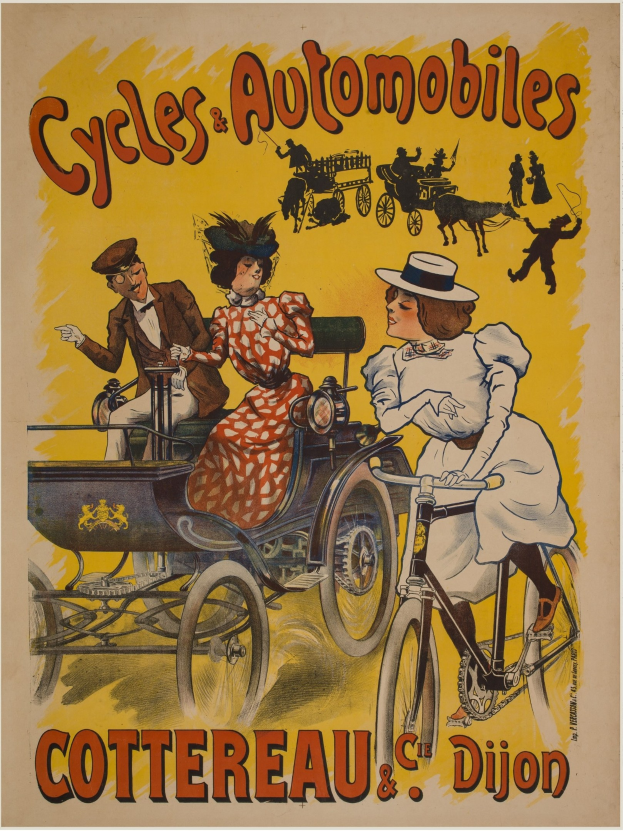 Ein Vintage-Plakat wirbt für Fahrräder und Automobile in Cottereau und Dijon, Frankreich, mit Menschen, die Fahrräder fahren und einer Kutsche mit dem Text "Fahrräder und Automobile" oben drauf.