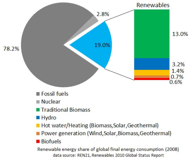 Ein Kreisdiagramm, das den globalen erneuerbaren Energieverbrauch im Jahr 2008 darstellt, unterteilt in Quellen wie fossile Brennstoffe, Kernenergie, Wasserkraft, Warmwasser, Heizung, Biomasse, Solarenergie, Geothermie und Biokraftstoffe.