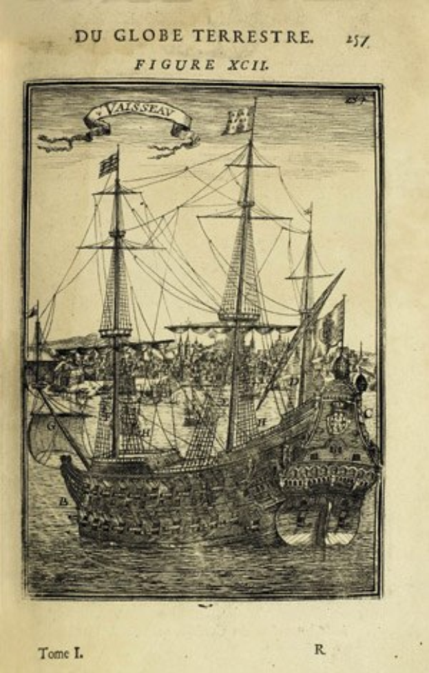 Eine detaillierte Illustration eines Schiffs mit geblähten Segeln und einem glänzenden Rumpf auf dem Cover eines alten Buches mit klassischem Text.