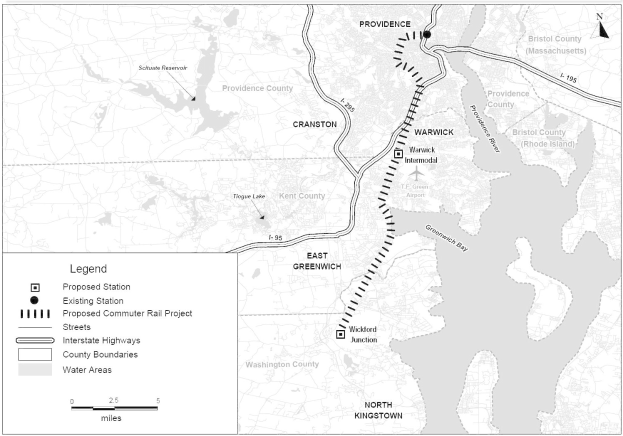 Schwarz-weiß-Stadtplan mit einem Fluss, beschriftet mit "Vorgeschlagenes Nahverkehrsprojekt" auf der linken Seite, der Straßen, Autobahnen und Stadtmerkmale zeigt.