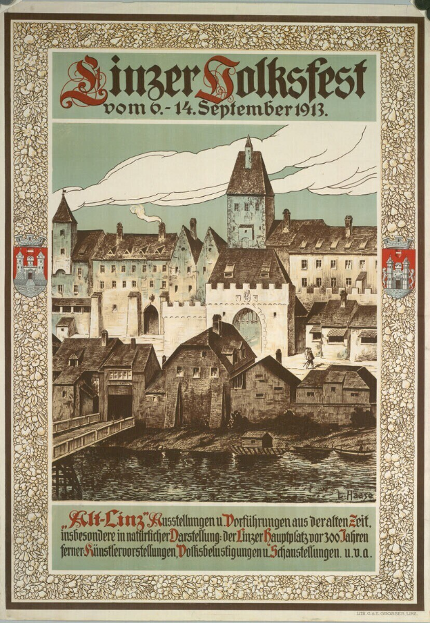 Altes deutsches Festplakat mit einer Burillustration umgeben von Häusern und Text.