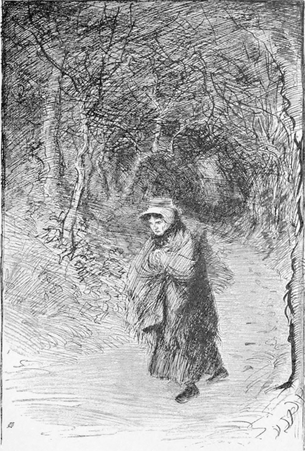 Eine ältere Frau mit Hut geht einen Waldweg entlang, umgeben von Bäumen, mit Text am unteren Bildrand.