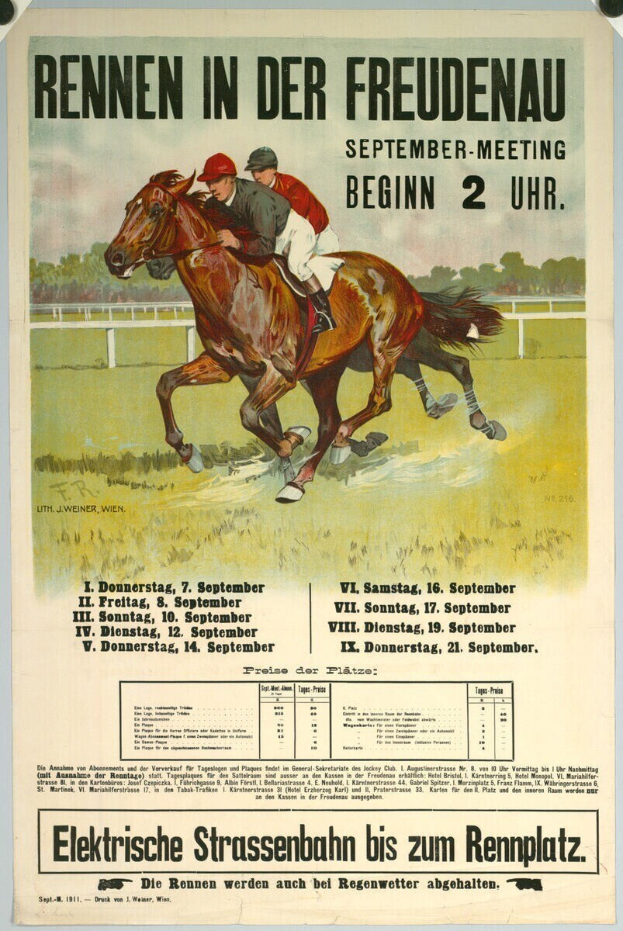 Plakat, das ein Pferderennen in Deutschland ankündigt, mit zwei Reitern auf Pferden im Vordergrund und Bäumen im Hintergrund sowie Text, der Details zum Rennen enthält.