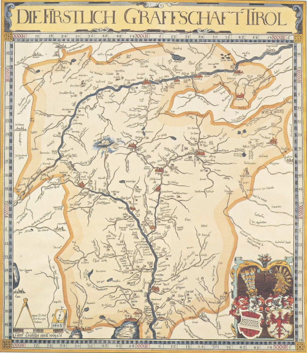 Ein historisches Plakat der ersten Grafschaft Tirol-Karte, das geografische Merkmale wie Flüsse, Berge und Städte sowie beschreibenden Text über die Region zeigt.