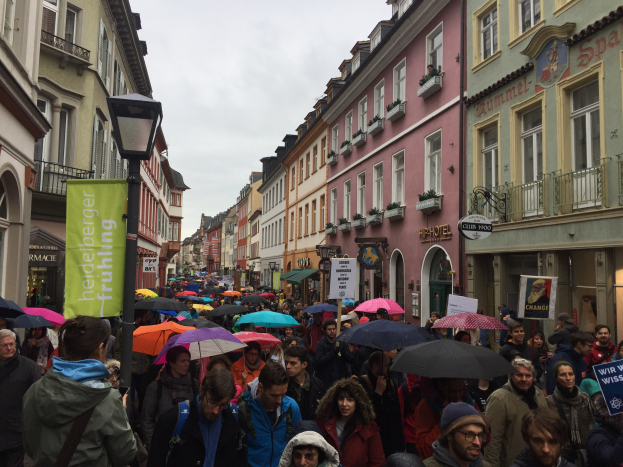 Eine große Gruppe von Menschen marschiert während eines Klimastreiks in Deutschland die Straße entlang, mit Schirmen, Taschen und Schildern, mit Gebäuden und einem Lichtmast im Hintergrund.