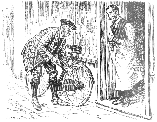 Ein alter Mann mit einer Mötte hält ein Fahrrad neben einem Laden mit einer Tür und verschiedenen Gegenständen im Hintergrund, mit Text unten im Bild.