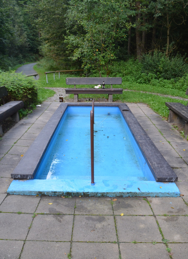 Ein kleiner Parkpool mit einem zentralen Pfahl, umgeben von B├Ąnken, Gras, Pflanzen, einer Stra├če und B├Ąumen.