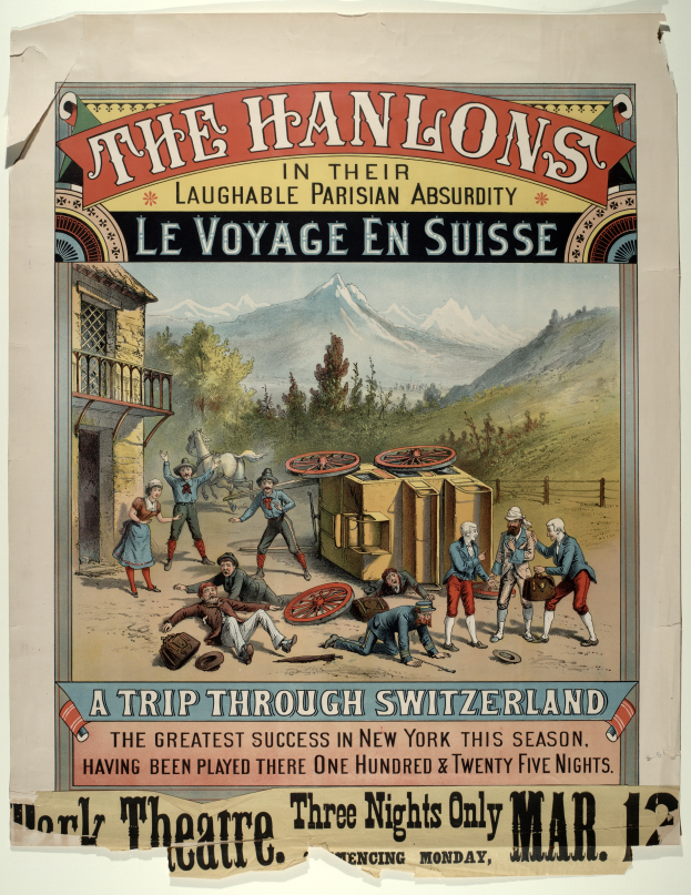 Ein Vintage-Plakat, das Hanlon's Laughable Parisian Absurdity Le Voyage en Suisse bewirbt, zeigt eine Gruppe von Menschen, ein Gebäude, Bäume, Hügel und einen Himmel im Hintergrund sowie Text.