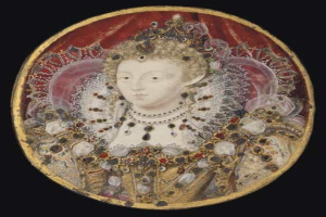 Gemälde der Queen Elizabeth I. in königlicher Kleidung mit Krone und Tiara, dunkler Hintergrund, friedlicher Ausdruck und Haare im Dutt.