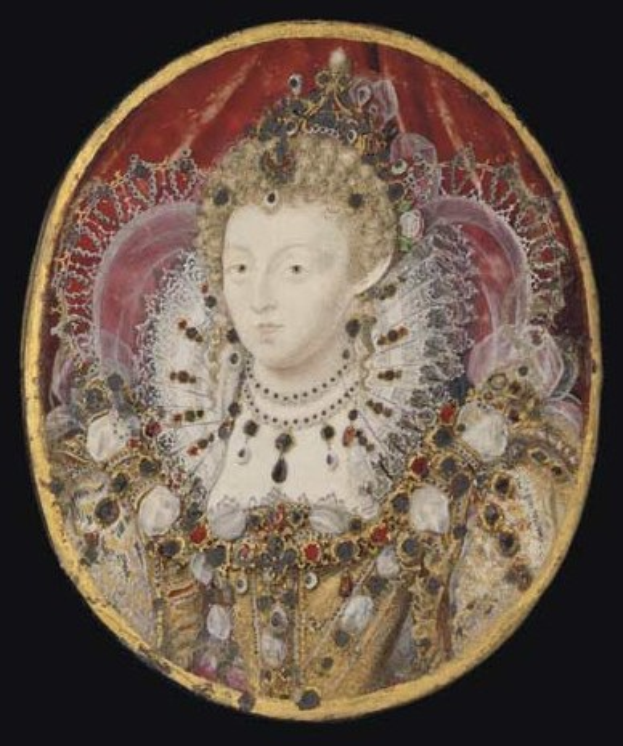Gemälde der Queen Elizabeth I. in königlicher Kleidung mit Krone und Tiara, dunkler Hintergrund, friedlicher Ausdruck und Haare im Dutt.
