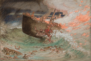 Gemälde eines brennenden Bootes auf dem Meer mit verstörten Menschen an Bord, umgeben von blauem Wasser und leuchtend orangefarbenen und gelben Flammen.