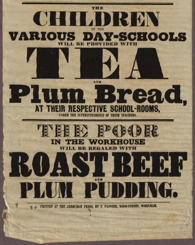 Ein Blatt mit der Aufschrift "Die Kinder der verschiedenen Tagesschulen werden mit Tee, Pflaumenbrot und Rinderbraten und Pflaumenpudding versorgt" darauf.