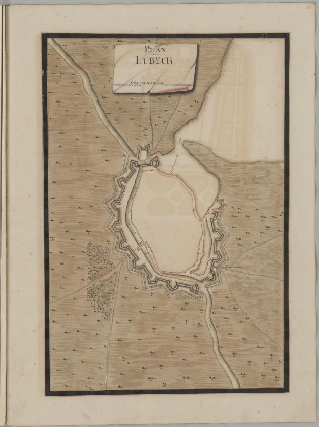 Ein altes Buch mit einer detaillierten Karte von Lübeck, das Straßen, Gebäude, Sehenswürdigkeiten und Text mit Bevölkerungsdaten, Geschichte und Kulturinformationen anzeigt.