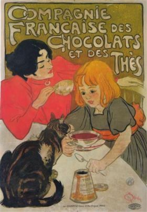 Plakat zur Werbung für eine Pariser Schokoladenhandlung, das eine Frau und ein Kind an einem Tisch mit einer Katze, einer Tasse, einem Unterteller, einem Löffel und anderen Gegenständen zeigt, neben Text, der Schokoladen anpreist.