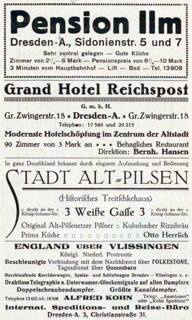 Schwarze und weiße Zeitungsanzeige für die Pensionspension in Dresden, Deutschland.