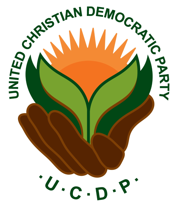 Logo der Vereinigte Christlich Demokratische Partei (UCDP): eine Hand, die eine hellgelbe Blume mit grünem Stiel und Blättern hält, mittig in einem blauen und gelben Kreis auf einem weißen Hintergrund, mit der schwarzen Schrift "UCDP" darunter.