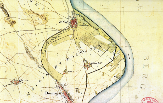 Ein altes, detailliertes Stadtplan von Dormagen, Deutschland, mit Straßen, Gebäuden, Sehenswürdigkeiten und Text mit einem Stempel.