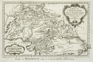 Ein detaillierter alter Stadtplan von Indien und den Himalaya, der geographische Merkmale wie Flüsse, Berge und Städte zeigt, mit Text in einer klassischen Schriftart.