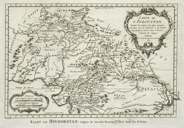 Ein detaillierter alter Stadtplan von Indien und den Himalaya, der geographische Merkmale wie Flüsse, Berge und Städte zeigt, mit Text in einer klassischen Schriftart.