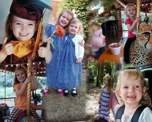 Collage mit lustigen Fahrgeschäften, Kindern, einem Tisch mit Speisen, Besteck, verschiedenen Gegenständen, Beleuchtung, Laub, und einem Seil.