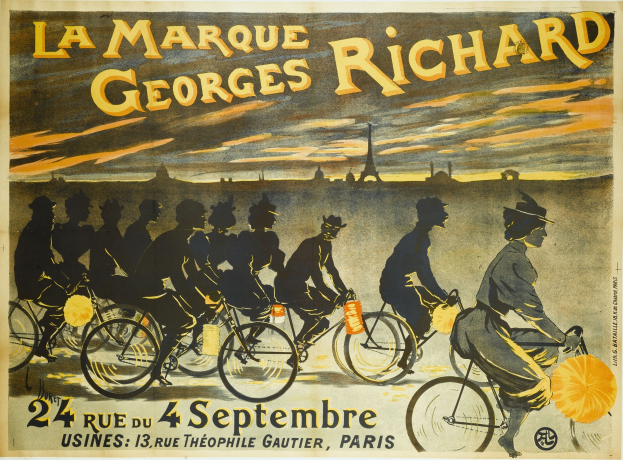Plakat, das ein Fahrradrennen in Paris mit Fahrradfahrern und dem Eiffelturm im Hintergrund ankündigt, einschließlich der Textdetails des Ereignisses.
