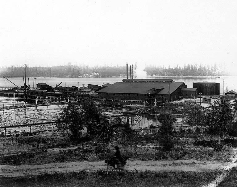 Schwarzes und weißes Foto eines großen Gewässers mit Gebäuden, Bäumen, Pfählen und anderen Gegenständen im Vordergrund, einem Tagebau in der Mitte und mehr Bäumen und Himmel im Hintergrund.