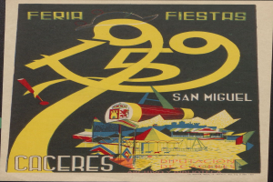 Plakat für das XXI. Agroganadera-Festival in Trujillo, Mexiko, mit gelbem Hintergrund, Schwarz-Weiß-Illustration eines Mannes mit Mikrofon und Buch und fetter schwarzer Schrift 'Trujillo XXI'.