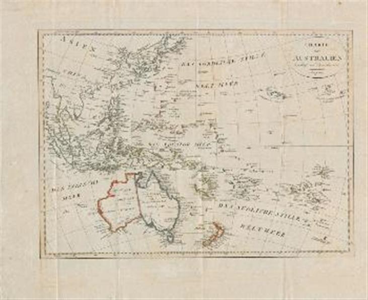 Detailierte Karte von Australien und Neuseeland auf Papier mit dem britischen Empire im Hintergrund, einschließlich Ländernamen und Hauptstädten.