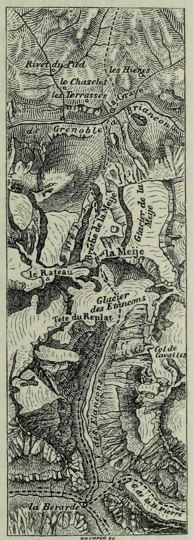Schwarze und weiße topografische Karte des Rheins mit Höhenlinien und Geländeform, mit beschrifteten geographischen Merkmalen und Textannotationen.