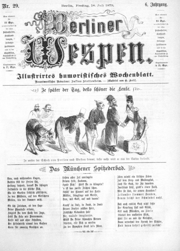Altes Zeitungsblatt "Berliner Wespen" aus Juli 1873 mit einer Karikatur eines verzweifelten Mannes mit Zylinder und einer Frau in einem Kleid.