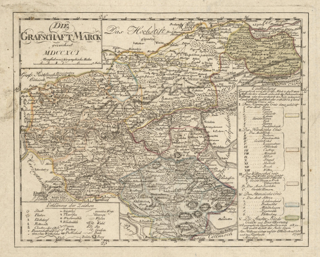 Ein detaillierter alter Stadtplan von München, Deutschland, mit Straßen, Parks und Sehenswürdigkeiten, der mit präzisen Straßen, Flüssen und Bergen sowie einem dekorativen Rahmen in Blau-, Grün- und Gelbtönen versehen ist.