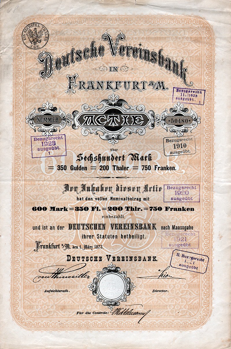 Altes deutsches Aktienzertifikat der Deutschen Vereinsbank in Frankfurt, auf Papier gedruckt mit Text.