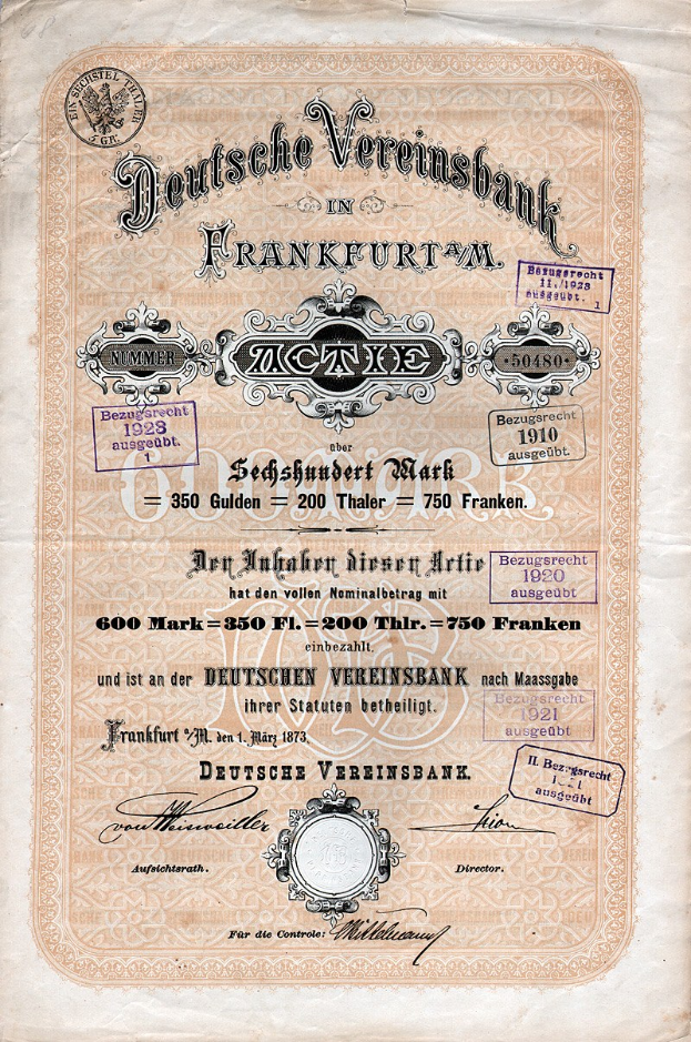 Altes deutsches Aktienzertifikat der Deutschen Vereinsbank in Frankfurt, auf Papier gedruckt mit Text.